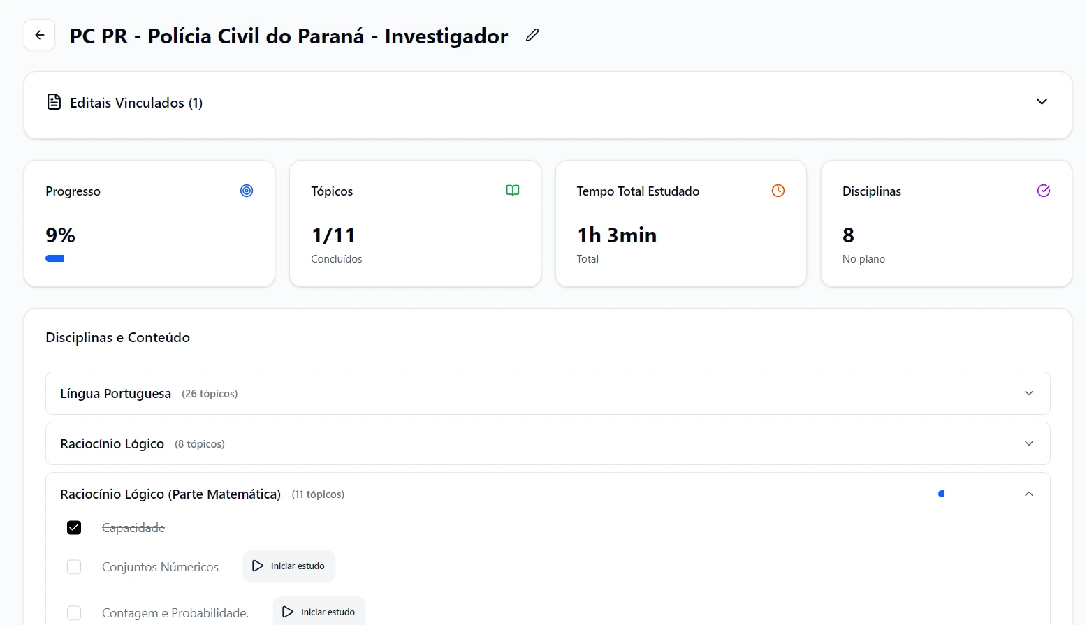 Interface mostrando progresso no plano de estudo com disciplinas e assuntos